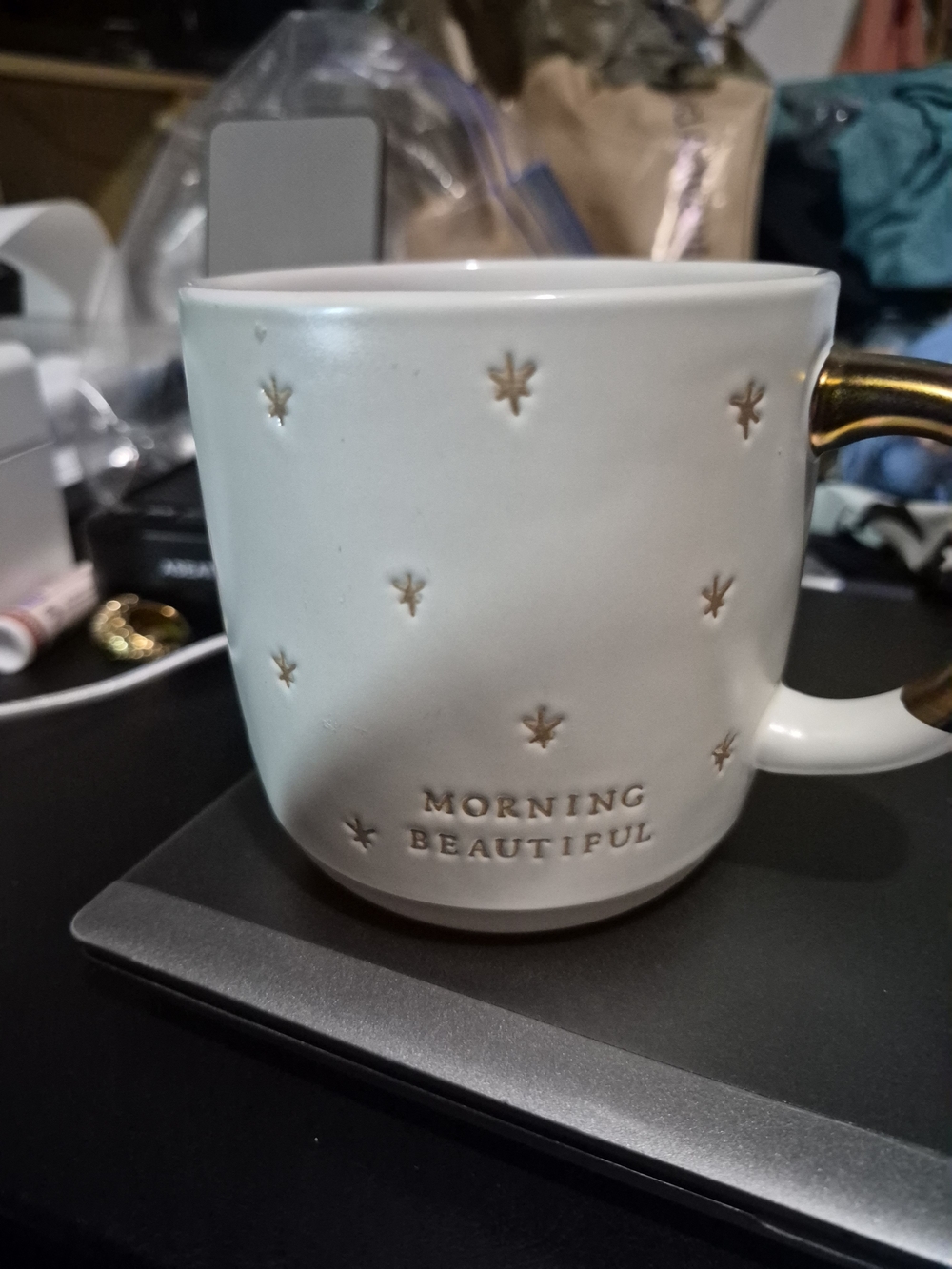 Morning Beautiful Ceramic Coffee Mug with Gold Handle
